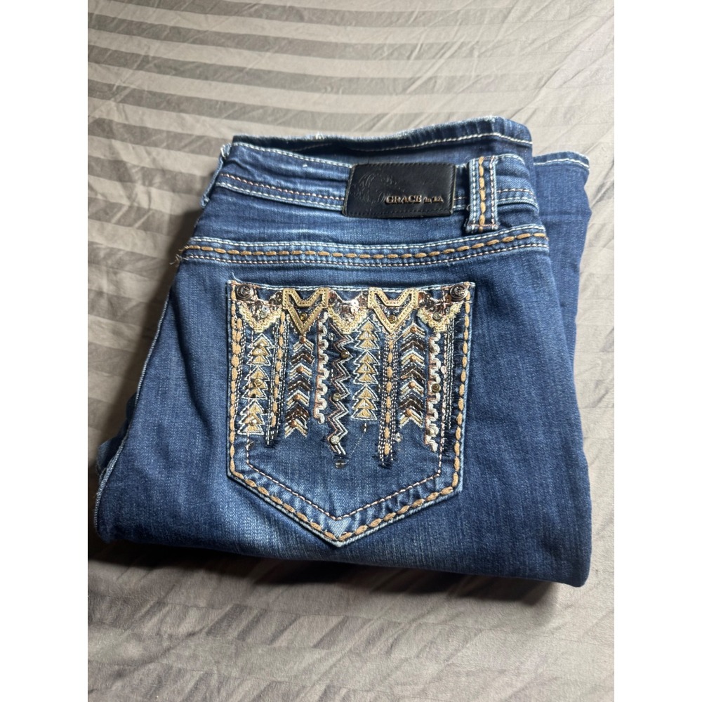 Grace‎ in LA Easy Fit Bootcut Jeans Medium Wash Embellished Pockets Womens 33